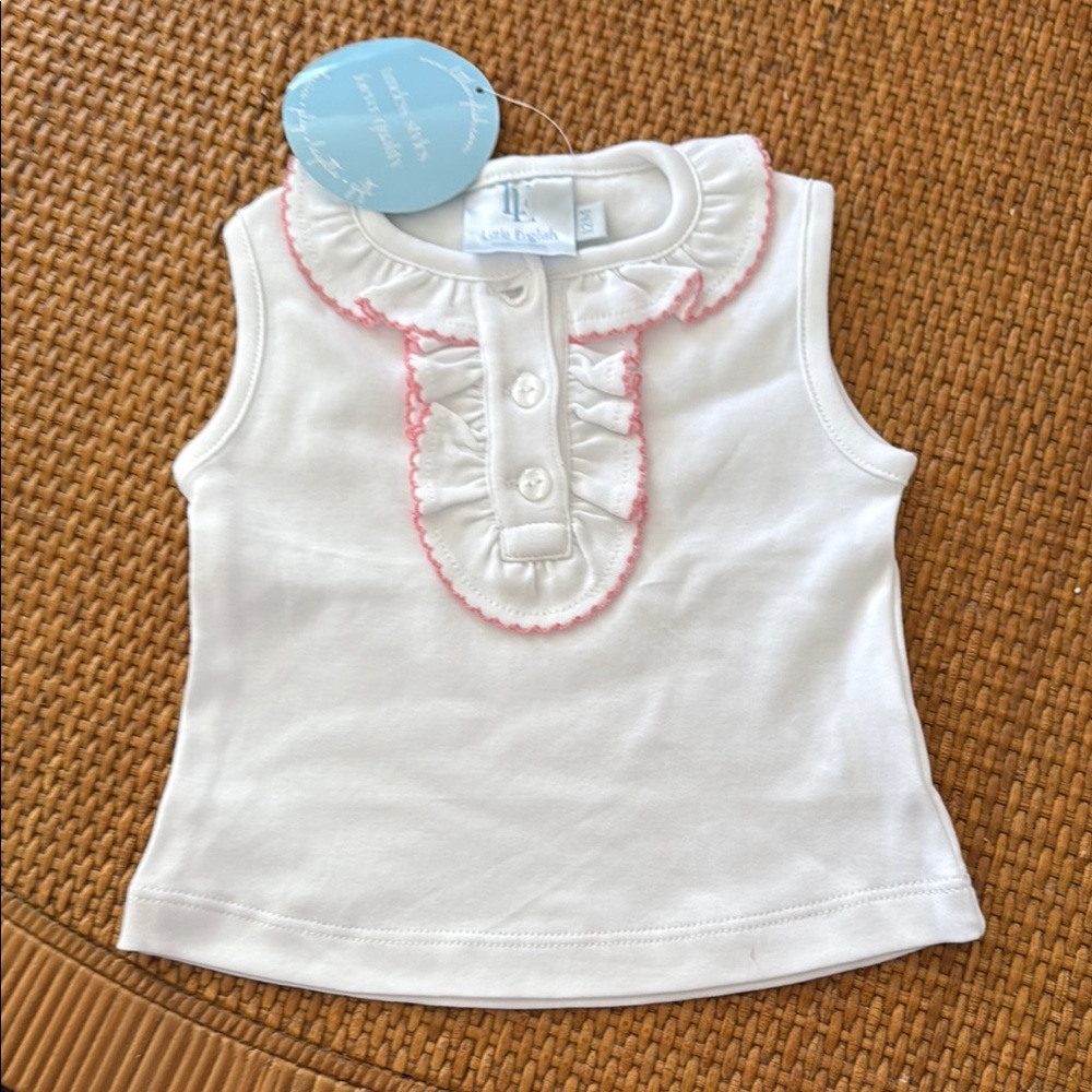 Little English White Sleeveless Top with Pink Trim